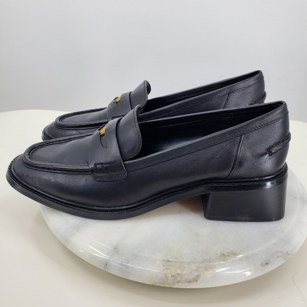 Vince Camuto Erinesa Black Leather Block Heel Penny Loafers Gold Crest Chubky - Picture 3 of 11